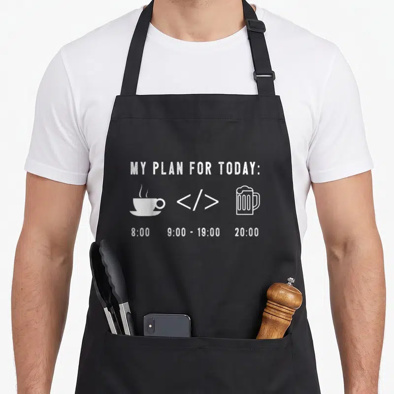 Tablier de cuisine noir avec plan quotidien codeur café code balises bière en blanc