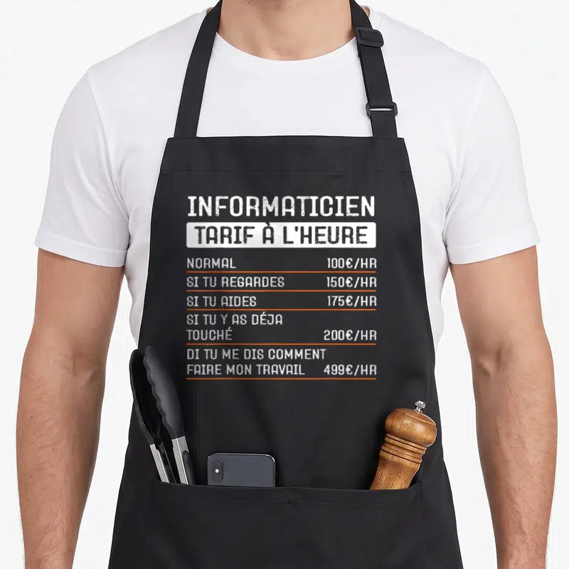 Tablier de cuisine noir avec inscription tarif horaire informaticien en typographie blanche et lignes orange.