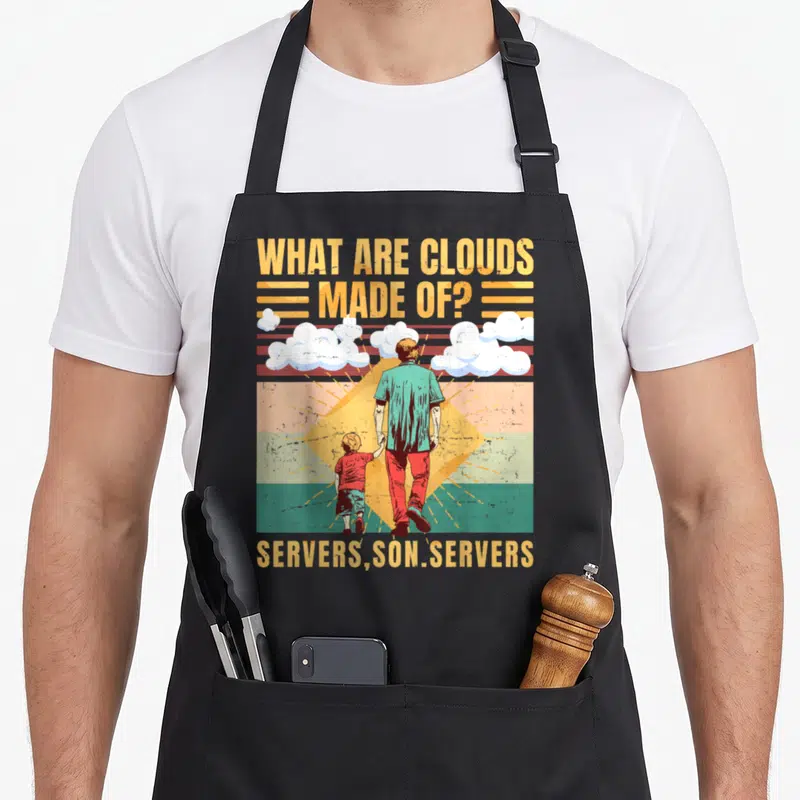 Tablier de cuisine noir avec illustration retro d'un père et fils sous des nuages et texte What Are Clouds Made Of Servers Son Servers.