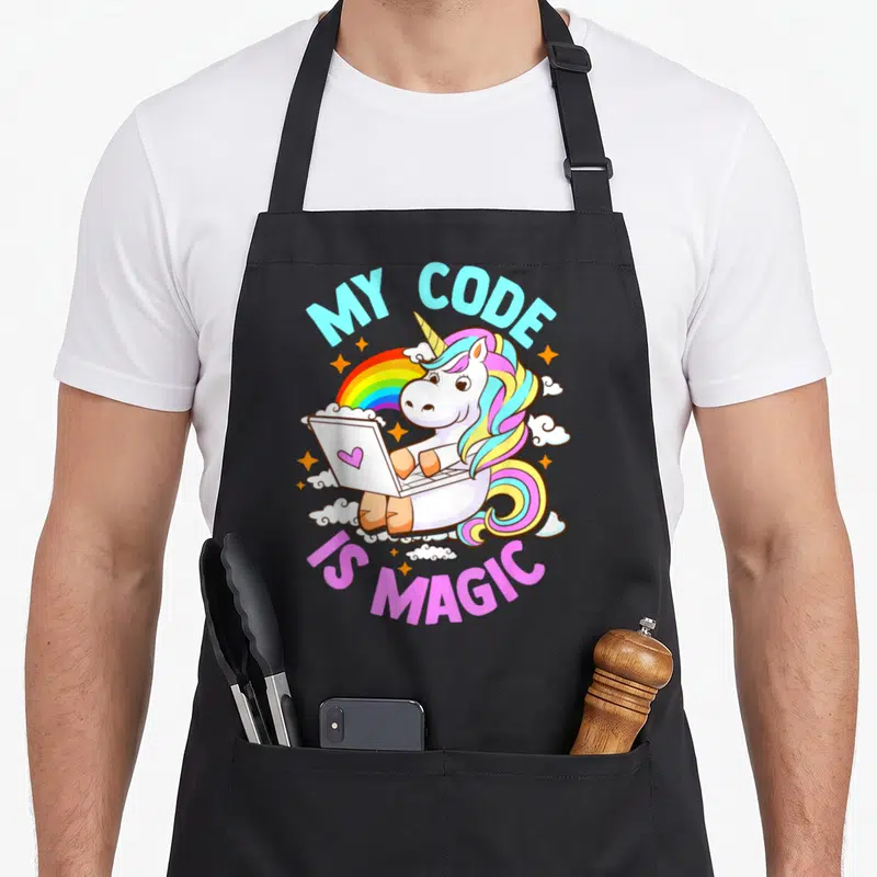 Tablier de cuisine noir avec une licorne multicolore utilisant un ordinateur portable sous un arc-en-ciel et le texte My Code Is Magic.