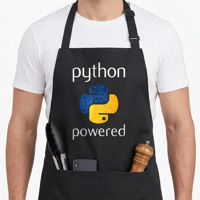 Tablier de cuisine noir avec logo serpent bleu et jaune motif circuit imprimé et texte blanc
