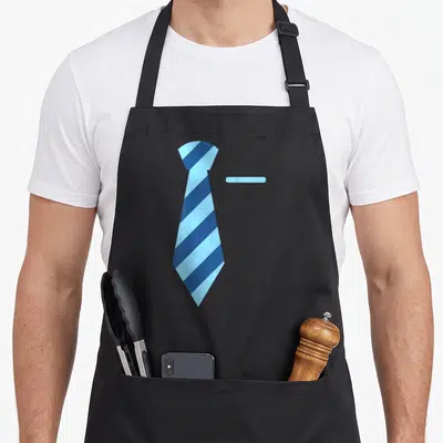 Tablier de cuisine noir avec une illustration plate d'une cravate à rayures diagonales bleu clair et bleu foncé accompagnée d'un morceau de vêtement.