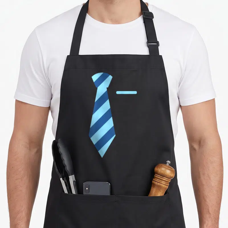 Tablier de cuisine noir avec une illustration plate d'une cravate à rayures diagonales bleu clair et bleu foncé accompagnée d'un morceau de vêtement.