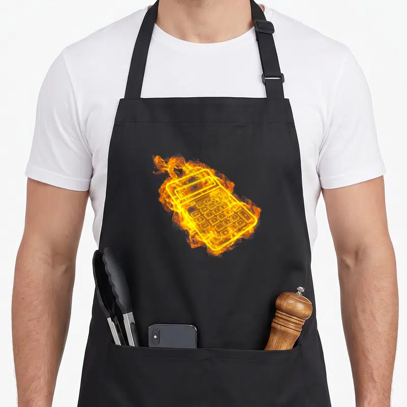 Tablier de cuisine noir avec une calculatrice entourée de flammes orange et jaunes vives.