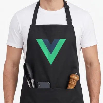Tablier de cuisine noir avec le logo géométrique Vue.js vert et bleu foncé au centre du torse.