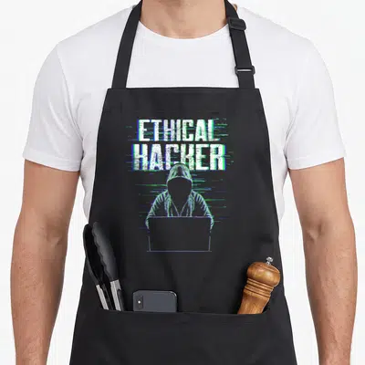 Tablier de cuisine noir avec silhouette hoodée laptop texte ethical hacker effet numérique distorsion