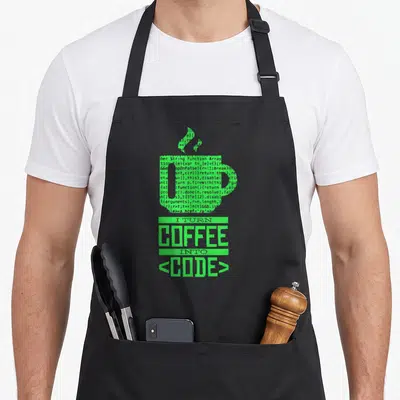 Tablier de cuisine noir avec une tasse de café verte formée de code et le texte I Turn Coffee Into Code.