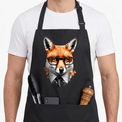 Tablier de cuisine noir avec illustration d'un renard portant des lunettes noires et un col de chemise blanc.