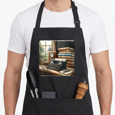 Tablier de cuisine noir avec une machine à écrire vintage, des livres et un bureau en bois rustique imprimé au centre.