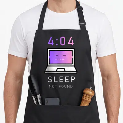 Tablier de cuisine noir avec illustration laptop violet rose et texte 4:04 SLEEP NOT FOUND en blanc.
