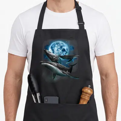 Tablier de cuisine noir avec une baleine à bosse et une lune bleue éclatante dans un ciel nuageux.