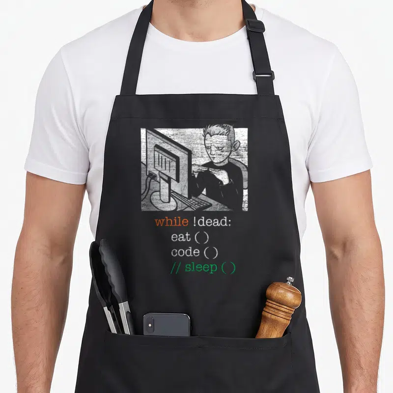 Tablier de cuisine noir avec illustration d'homme au PC et texte while dead eat code sleep en couleurs.