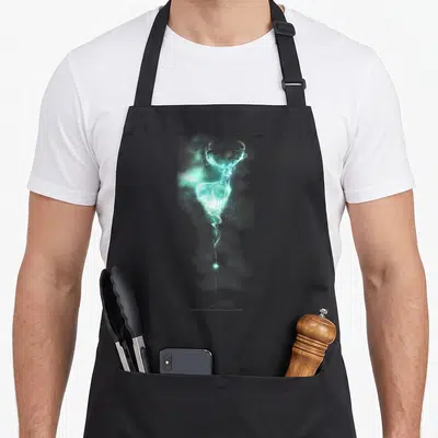 Tablier de cuisine noir avec un cerf Patronus turquoise lumineux et des nuages de magie en arrière-plan.