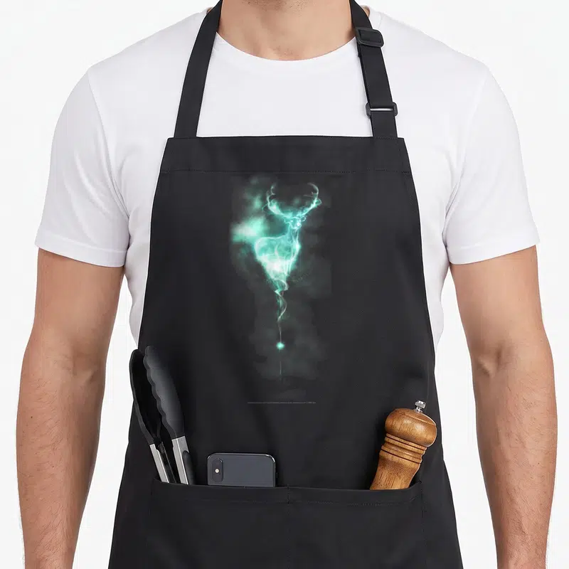 Tablier de cuisine noir avec un cerf Patronus turquoise lumineux et des nuages de magie en arrière-plan.