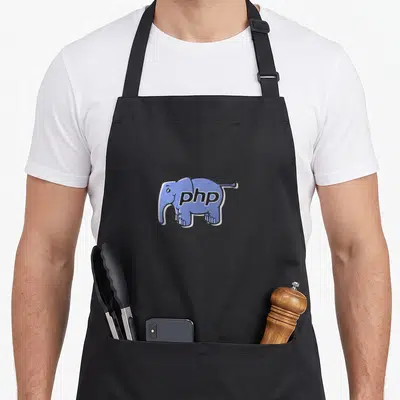 Tablier de cuisine noir avec un éléphant bleu stylisé portant les lettres php en son centre.