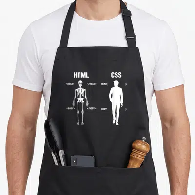 Tablier de cuisine noir avec illustration blanche montrant un squelette étiqueté HTML et une silhouette humaine étiquetée CSS avec du code.