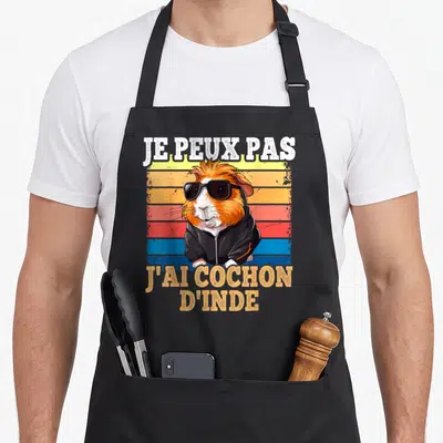 Tablier de cuisine noir avec illustration d'un cochon d'inde en lunettes de soleil et texte vintage