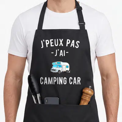 Tablier de cuisine noir avec inscription j'peux pas j'ai camping car et dessin de caravan