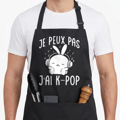 Tablier de cuisine noir avec un lapin aux écouteurs, notes de musique et le texte Je Peux Pas J'Ai K-Pop en blanc.