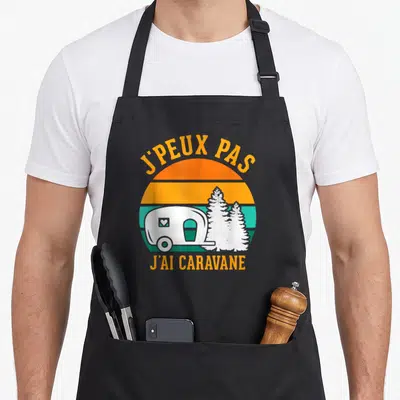 Tablier de cuisine noir avec motif rétro caravane et texte j'peux pas j'ai caravane