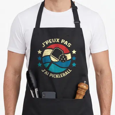 Tablier de cuisine noir avec logo vintage pickleball raquette balle et texte j'peux pas j'ai pickleball.