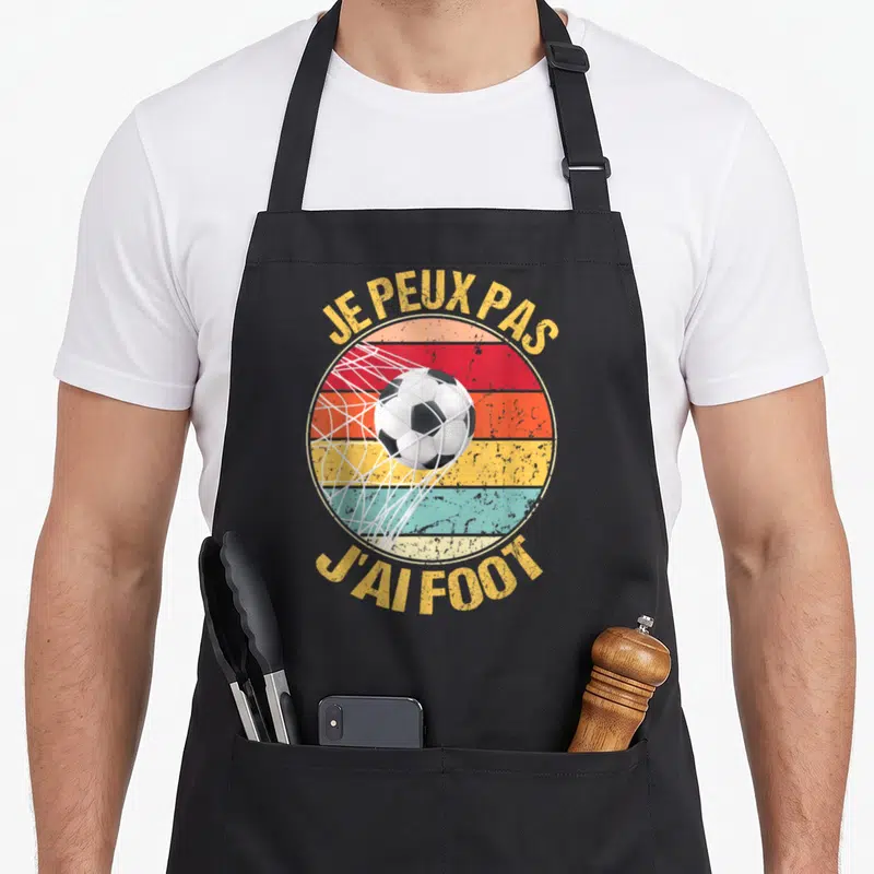Tablier de cuisine noir avec motif retro football et texte je peux pas j'ai foot