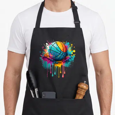 Tablier de cuisine noir avec un ballon de basket bleu et orange entouré d'éclaboussures de peinture colorées.