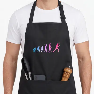 Tablier de cuisine noir avec silhouette évolutive passant du singe au joueur de badminton en dégradé bleu rose.