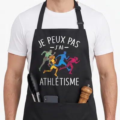Tablier de cuisine noir avec silhouettes géométriques multicolores de coureurs et texte blanc Je peux pas j'ai athlétisme.