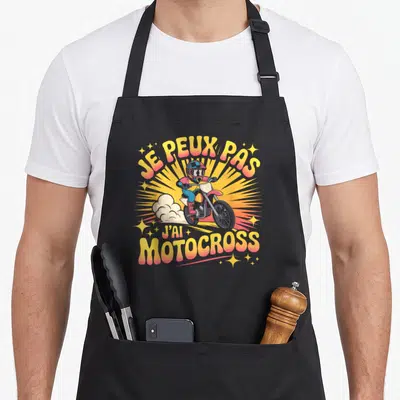 Tablier de cuisine noir avec illustration de pilote de motocross et texte Je peux pas j'ai motocross