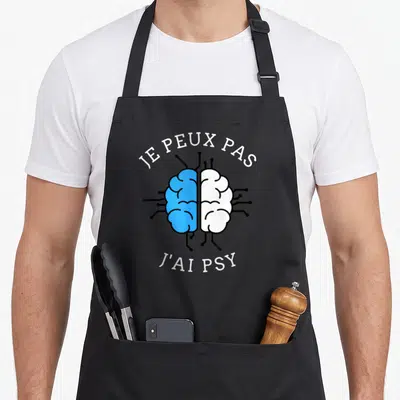 Tablier de cuisine noir avec illustration cerveau bleu et blanc et texte je peux pas j'ai psy