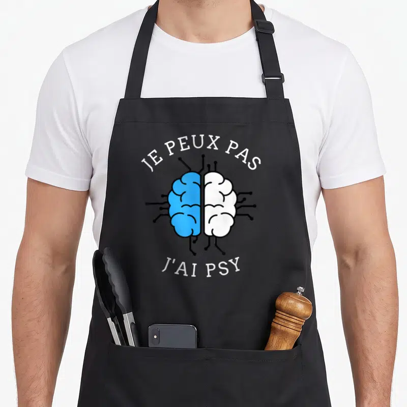 Tablier de cuisine noir avec illustration cerveau bleu et blanc et texte je peux pas j'ai psy