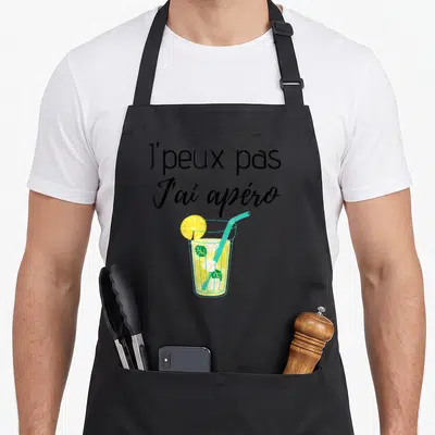 Tablier de cuisine noir avec illustration de verre de citronnade et texte J'peux pas j'ai apéro