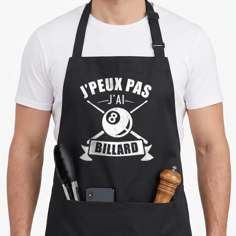 Tablier de cuisine noir avec motif blanc j'peux pas j'ai billard boule 8 et cues croisés