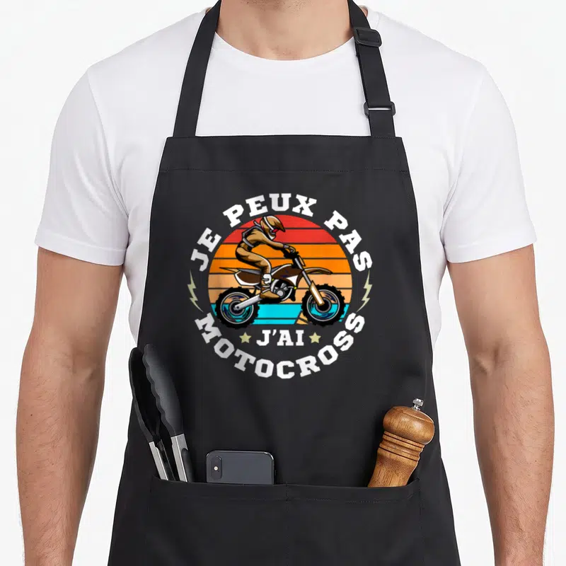 Tablier de cuisine noir avec illustration vintage d'un pilote de moto et le texte je peux pas j'ai motocross
