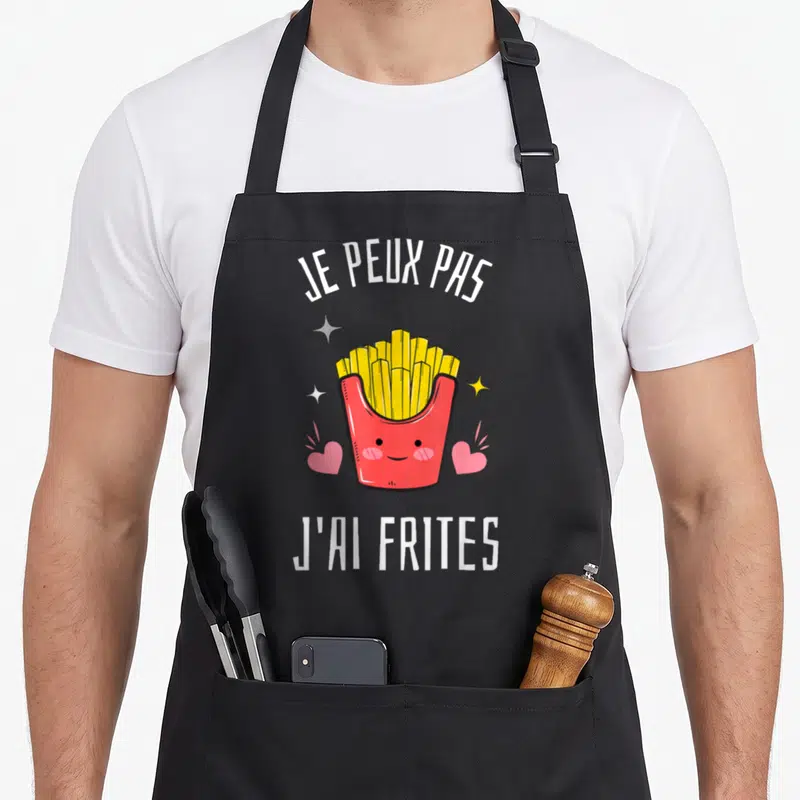 Tablier de cuisine noir avec illustration de frites roses et texte blanc Je peux pas j'ai frites.