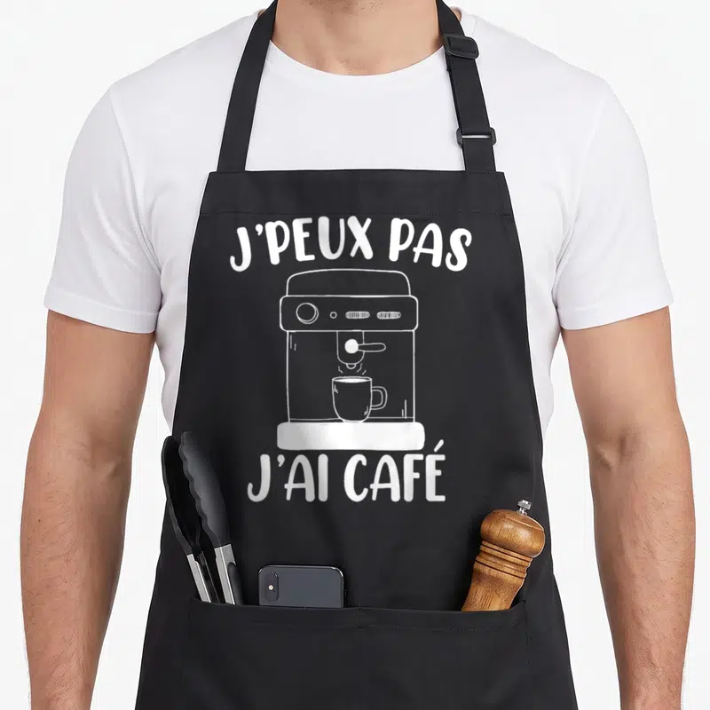 Tablier de cuisine noir avec machine à café blanche et texte j'peux pas j'ai café