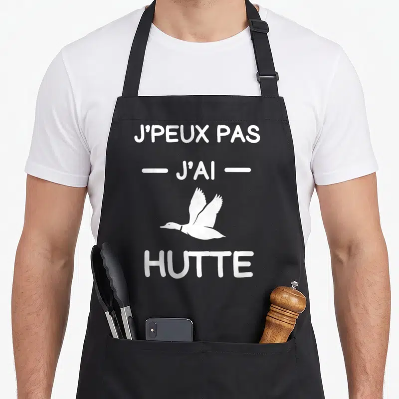 Tablier de cuisine noir avec inscription blanche J'peux pas j'ai hutte et illustration de canard en vol