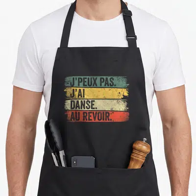 Tablier de cuisine noir avec inscription j'ai danse au revoir sur bandes colorées vintage