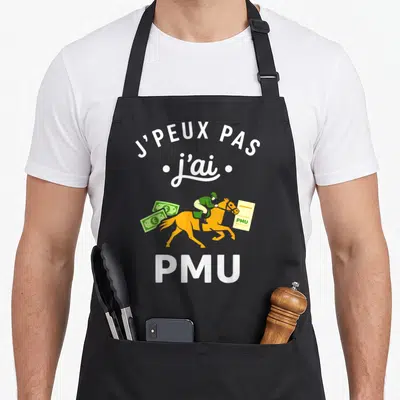 Tablier de cuisine noir avec illustration d'un jockey sur cheval orange tenant un ticket PMU et des billets verts.