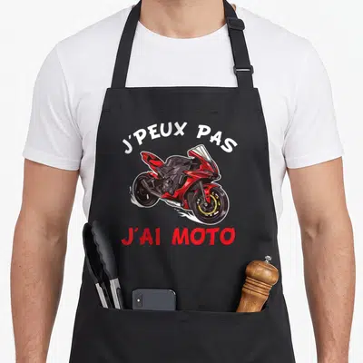 Tablier de cuisine noir avec illustration de moto sportive rouge et texte J'peux pas j'ai moto