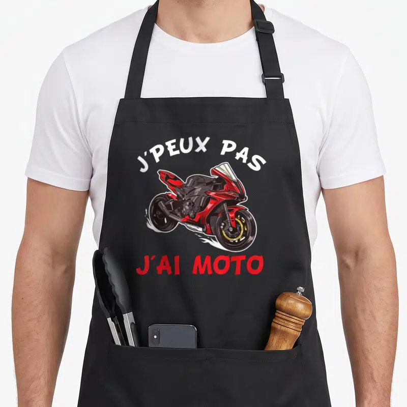 Tablier de cuisine noir avec illustration de moto sportive rouge et texte J'peux pas j'ai moto