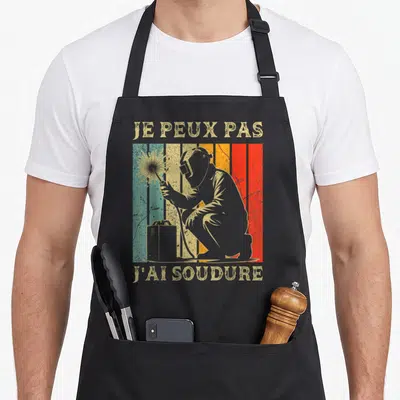 Tablier de cuisine noir avec illustration vintage d'un soudeur et le texte je peux pas j'ai soudure.