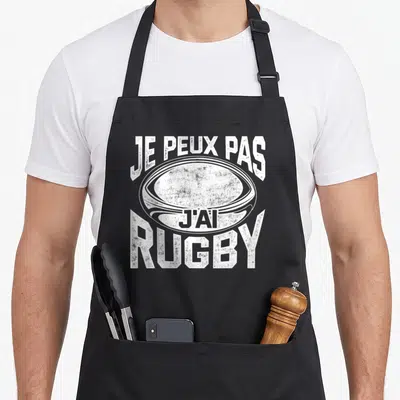 Tablier de cuisine noir avec motif blanc je peux pas j'ai rugby et ballon vintage.