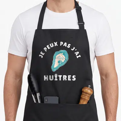Tablier de cuisine noir avec illustration d'huître bleue et texte blanc Je peux pas j'ai huîtres.