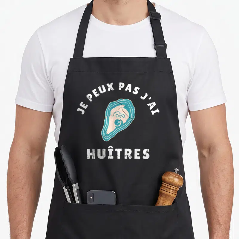 Tablier de cuisine noir avec illustration d'huître bleue et texte blanc Je peux pas j'ai huîtres.