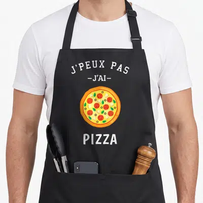 Tablier de cuisine noir avec illustration de pizza italienne et texte blanc J'peux pas j'ai pizza