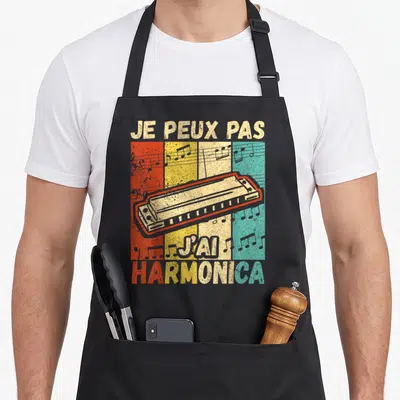 Tablier de cuisine noir avec motif vintage Je peux pas j'ai harmonica et notes musicales colorées.