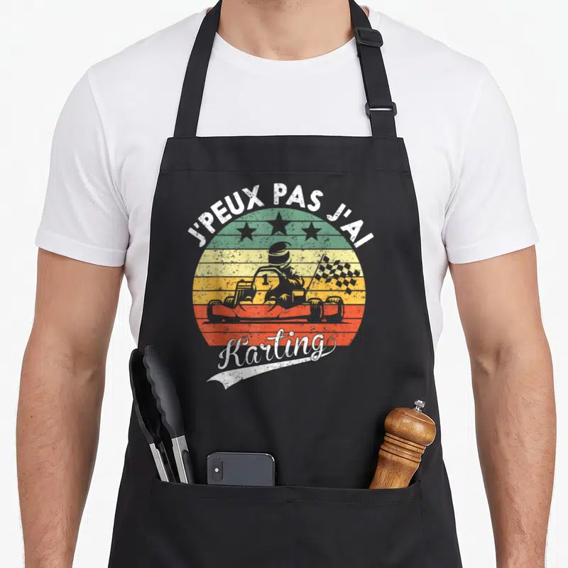 Tablier de cuisine noir avec motif karting vintage et texte j'peux pas j'ai karting