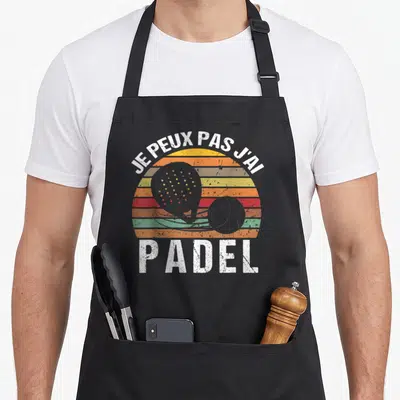 Tablier de cuisine noir avec motif retro J'peux pas j'ai Padel raquette et balle orange jaune vert